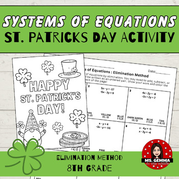 Preview of Solve Systems of Equations by Elimination : St. Patrick's Day Coloring Activity