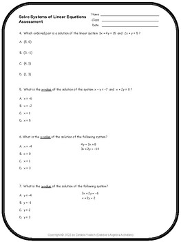 Solve Systems of Linear Equations Assessment Pack Algebra 1 | Auto ...