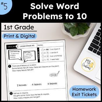 Preview of Solve Simple Word Problems to 10 Worksheets L5 1st Grade iReady Math Exit Ticket