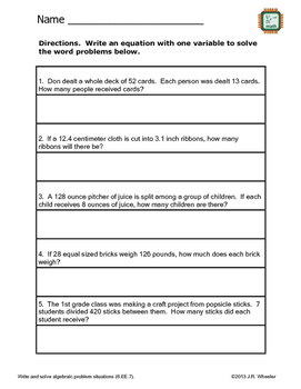 Preview of Solve Word Problems with Variable - 6.EE.7