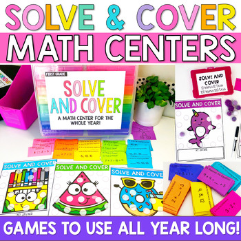 Preview of 1st Grade Math Centers Solve and Cover Math Games Task Cards for the Whole Year