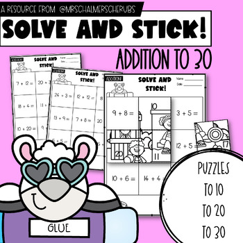 Preview of Solve and Stick: Addition to 30 | Puzzle Activity Sheets | Math Centres