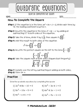 Preview of Solve by Completing the Square with Detailed Solutions WS1 Intermediate Algebra 