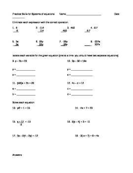 Solve equations practice skills linear systems worksheet | TpT
