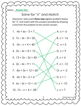solve for x and match worksheets by teach craft design by halee jones