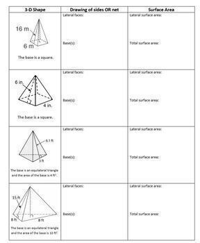 Surface Area Worksheet 3D shapes Nets Geometry 3-D Lateral Faces Bases