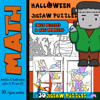 Preview of Solve puzzles & solve MATH problems. Halloween Jigsaw Puzzles. K-2nd grade!