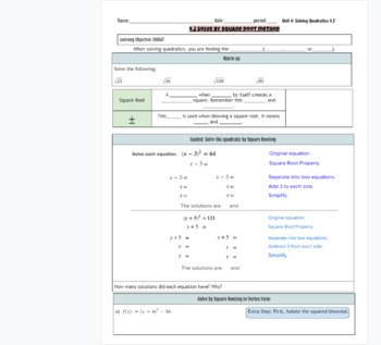 Preview of Solve quadratic equations by square rooting/ square root method fillable notes