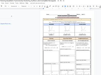 Preview of Solve quadratics by square root, complete the square, factoring notes graph org