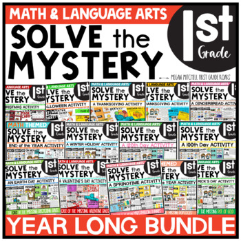 Preview of Solve the Mystery BUNDLE Math & ELA Task Card Activity 1st Grade