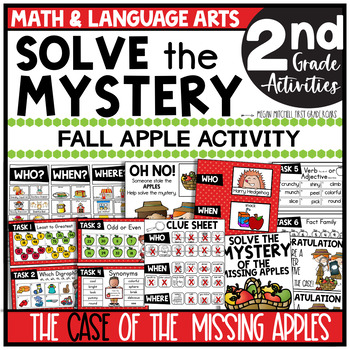 Preview of Solve the Mystery Math & ELA Task Card Activity Missing Apples 2nd Grade