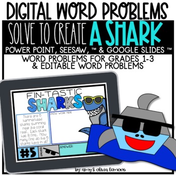 Preview of Solve to Create Shark Summer Digital Math Activity & Word Problem Google Slides