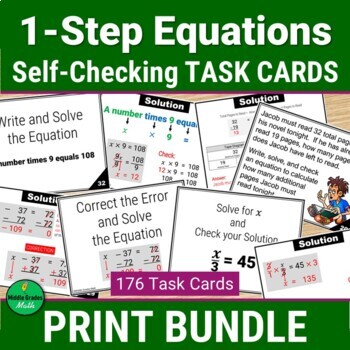 Preview of Solving 1 Step Equations WHOLE NUMBERS Self-Checking Task Card BUNDLE | PRINT