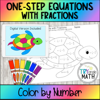 Preview of One Step Equations with Fractions Color by Number Turtle