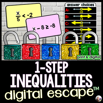 Preview of Solving 1-Step Inequalities Digital Math Escape Room Activity