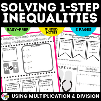 Preview of Solving 1 Step Inequalities With Multiplication/Division Sketch Notes & Practice