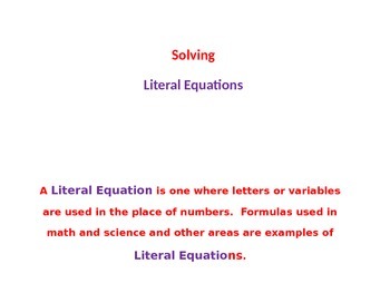 Preview of Solving 1-Step and Multi-Step Literal Equations