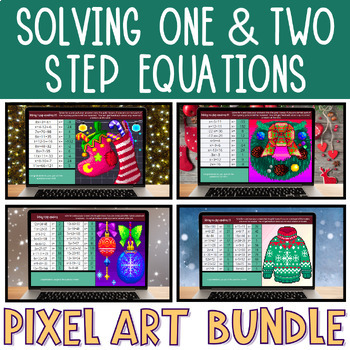 Preview of Solving 1 and 2 Step Equations Christmas Math Pixel Art Winter Activities BUNDLE