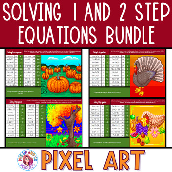 Preview of Solving 1 and 2 Step Equations Thanksgiving Fall Math Pixel Art Activity BUNDLE