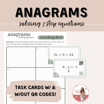 Preview of Solving 2 Step Equations ANAGRAMS - Task Cards w/ QR Codes