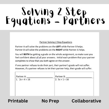 Preview of Solving 2 Step Equations - Collaborative Practice - Printable - Algebra