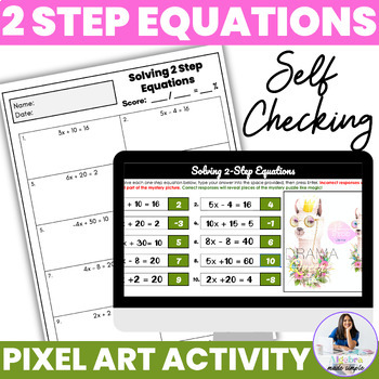 Preview of Solving 2 Step Equations Digital Self Checking Activity Mystery Puzzle Pixel Art