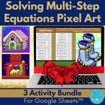 Preview of Solving Multi-Step Equations Christmas Pixel Art Bundle