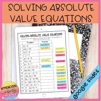 Preview of Solving Absolute Value Equations Activity Google Slides and Worksheet