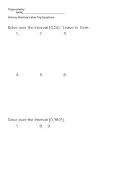 Preview of Solving Absolute Value Trig Equations Worksheet and Answers