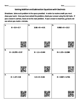 Preview of Solving Addition and Subtraction Equations with Decimals & QR Codes