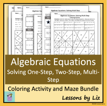 Preview of BUNDLE Algebraic Equations: One, Two & Multi-Step Coloring & Maze Activities