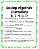 Solving Algebraic Expressions BINGO