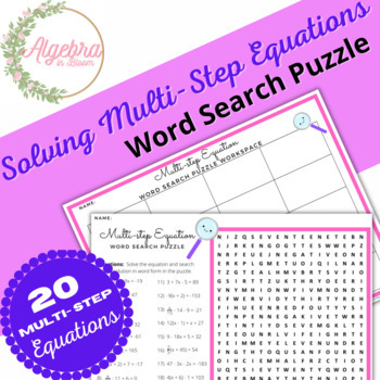 Preview of Solving Algebraic Multi Step Equations // Math Word Search Puzzle