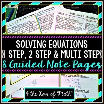 Preview of Solving One Step, Two Step and Multi Step Equations Guided Notes