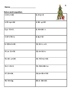 Solving Equations- All Four Operations- Grade 6-Christmas Theme-Worksheets