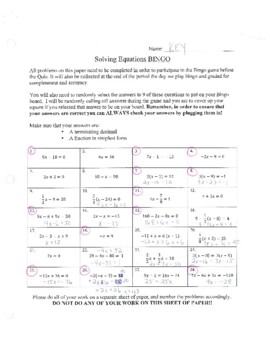 Preview of Solving Equations BINGO