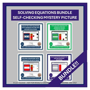 Preview of Solving Equations Bundle Self-Checking Task Card Digital Mystery Picture Puzzle