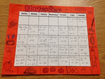 Solving Equations Calendar Project by Coach Bess TpT