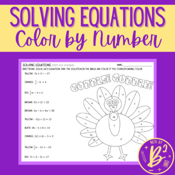 Preview of Solving Equations Color by Number Thanksgiving Turkey