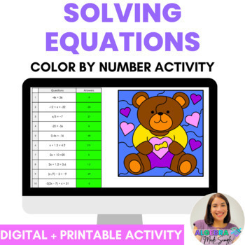Preview of Solving Equations Color by Number Valentine's Day Theme Digital and Print