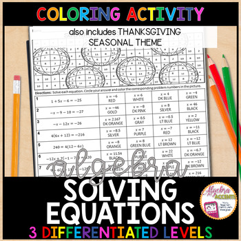 Preview of Solving Equations Coloring | 3 Levels Math Algebra 1 Activity