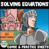 Solving Equations Comic Story and Practice sheets