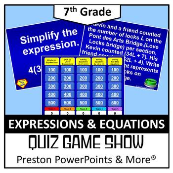 Preview of (7th) Quiz Show Game Expressions and Equations in a PowerPoint Presentation