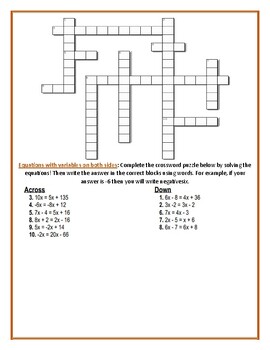Solving Equations Crossword Puzzle (With x on both sides ) TPT