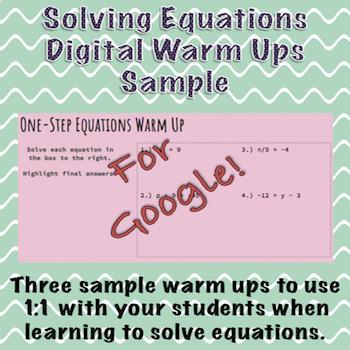 Preview of Solving Equations Digital Warm Ups Sample (Distance Learning)