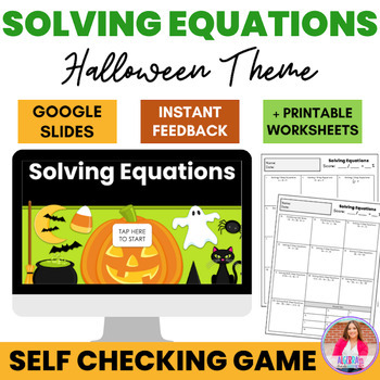 Preview of Solving Equations Fun Halloween Theme Google Slides Game Review Test Prep
