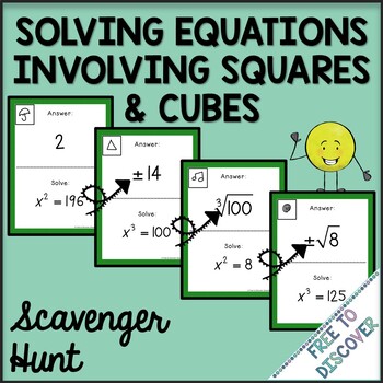 Preview of Solving Equations Involving Squares and Cubes Scavenger Hunt Activity
