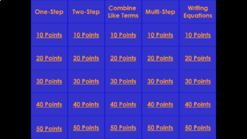 Preview of Solving Equations Jeopardy Game PowerPoint 2