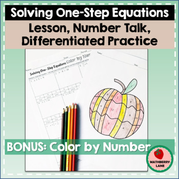 Preview of Solving Equations Lesson with Number Talk and Color by Number Worksheet Activity
