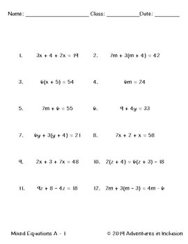 Solving Equations: Mixed Equations Worksheets - Level A | TpT